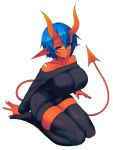  2019 big_breasts blue_hair breasts clothed clothing demon female hair helga_(urw) horn humanoid kneeling legwear not_furry pointy_ears red_skin simple_background solo spade_tail sub-res sweater thigh_highs white_background yellow_eyes 