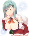  &gt;:) ;) alternate_costume aqua_eyes aqua_hair blush breasts christmas christmas_tree_hair_ornament cleavage detached_collar detached_sleeves downblouse dress eyebrows eyebrows_visible_through_hair green_eyes hair_ornament hairclip jiiwara kantai_collection large_breasts leaning_forward long_hair long_sleeves looking_at_viewer neckerchief one_eye_closed red_dress sack santa_costume simple_background sleeves_past_wrists smile snowflakes solo suzuya_(kantai_collection) v-shaped_eyebrows white_background 