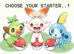  2019 ambiguous_gender english_text feral flora_fauna grass grookey group holding_object holding_pok&eacute;ball invalid_tag lagomorph leaf mammal mono_land nintendo outside plant pok&eacute;ball pok&eacute;mon pok&eacute;mon_(species) primate reptile scalie scorbunny sobble standard_pok&eacute;ball starter_trio text video_games 