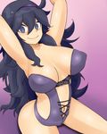  1girl armpits arms_up black_hair breasts erect_nipples female hex_maniac_(pokemon) large_breasts long_hair looking_at_viewer messy_hair navel npc_trainer pokemon pokemon_(game) pokemon_xy purple_eyes sitting smile solo ttrop 