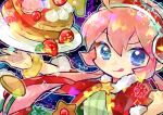  1girl ahoge blue_eyes blush bracelet coat commentary cookie doradorakingyo earmuffs food fruit fur-trimmed_coat fur_trim green_shirt hair_between_eyes jewelry licking_lips long_hair looking_at_viewer macaron nasos_(puyopuyo) outstretched_arm pancake pink_hair plate puyopuyo puyopuyo_quest red_coat shirt snowflakes solo star-shaped_cookie star-shaped_food star_(symbol) strawberry symbol-only_commentary tongue tongue_out twintails twitter_username yellow_bracelet 