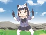  1girl :3 animal_ear_fluff animal_ears black_bow black_hair black_skirt blue_sky blurry blurry_background blush bow brown_eyes closed_mouth cloud commentary_request common_raccoon_(kemono_friends) day depth_of_field feet_out_of_frame fur_collar grey_hair hands_up index_finger_raised jacket kemono_friends legs_apart looking_at_viewer multicolored_hair outdoors pantyhose pleated_skirt puffy_short_sleeves puffy_sleeves purple_jacket raccoon_ears short_sleeves skirt sky solo standing two-tone_hair white_hair white_pantyhose yukie_(kusaka_shi) 