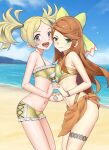  beach bikini blonde_hair bracelet breast_press breasts cloud cloudy_sky corset etie_(fire_emblem) fire_emblem fire_emblem_awakening fire_emblem_engage frilled_bikini frills grey_eyes highres holding_hands igni_tion jewelry lissa_(fire_emblem) long_hair looking_at_viewer medium_breasts ocean open_mouth orange_hair short_twintails sky small_breasts swept_bangs swimsuit teeth thigh_strap twintails upper_teeth_only water 