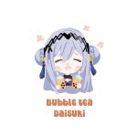  1girl blush_stickers bubble_tea chibi closed_eyes double_bun grey_hair hair_bun hair_ornament jk_7023 nijisanji nijisanji_en open_mouth smile solo tassel tassel_hair_ornament victoria_brightshield virtual_youtuber x_hair_ornament 