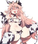  1girl ahoge animal_ears black_souls breasts cleavage commentary cow_ears cow_horns cow_print_bikini cow_tail detached_sleeves groin highres horns long_hair looking_at_viewer medium_breasts navel nyong_nyong pink_eyes pink_hair prickett_(black_souls) simple_background solo star-shaped_pupils star_(symbol) symbol-only_commentary symbol-shaped_pupils tail thighhighs white_background 