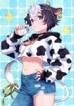  1girl absurdres animal_ears animal_print asymmetrical_clothes bell black_hair blush bottle breasts buttons choker cow_print cow_tail denim earrings fake_horns fingernails hair_ornament hand_on_own_hip highres holding holding_bottle hood hood_down horns jeans jewelry lips long_sleeves looking_at_viewer medium_breasts midriff milk milk_bottle morikura_en navel neck_bell original pants purple_eyes ring scan short_hair simple_background stomach tail torn_clothes torn_jeans torn_pants white_hair 