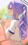  1girl absurdres alternate_hairstyle blue_archive blurry blurry_background blush breasts drink drinking_straw drinking_straw_in_mouth dubeaduver gym_shirt halo highres holding holding_drink long_hair looking_at_viewer mechanical_halo medium_breasts ponytail purple_eyes purple_hair shirt short_sleeves solo sweat twitter_username upper_body white_shirt yuuka_(blue_archive) 