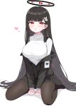  1girl black_hair black_pantyhose black_skirt blue_archive breasts full_body heart highres io9 large_breasts long_hair long_sleeves pantyhose pleated_skirt red_eyes rio_(blue_archive) simple_background skirt solo sweater white_background white_sweater 