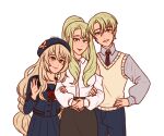  1boy 2girls alfred_(fire_emblem) alternate_costume blonde_hair brother_and_sister celine_(fire_emblem) fire_emblem fire_emblem_engage green_eyes hat long_hair looking_at_viewer mother_and_daughter mother_and_son multiple_girls pleated_skirt ponytail queen_eve school_uniform shirt short_hair siblings skirt sweater_vest very_long_hair wavy_hair white_background white_shirt zefirart 