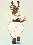 anthro antlers areola bell bell_collar big_breasts bodily_fluids breasts bridle brown_body brown_fur chubby_anthro chubby_female clothing collar curvy_anthro curvy_female deer ear_piercing female fur genitals goldenyuusha halter harness hi_res holding_breast horn lactating legwear lips mammal mature_anthro mature_female milk new_world_deer nipples piercing pink_areola pink_nipples pussy reindeer solo stretch_marks thick_bottom_lip thick_thighs thigh_highs white_body white_fur wide_hips