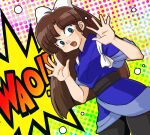  1girl bow breasts brown_hair hair_bow hands_up kuonji_ukyou long_hair looking_at_viewer medium_hair open_mouth parted_bangs polka_dot polka_dot_background ranma_1/2 solo sound_effects standing wanta_(futoshi) white_bow 