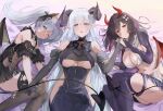  3girls absurdres albion_(azur_lane) albion_(silvermoon_faerie_princess)_(azur_lane) animal_ears aqua_eyes azur_lane bare_shoulders black_gloves black_hair black_horns black_leotard black_thighhighs blue_dress blue_eyes breasts cat_ears covered_navel curled_horns demon_tail demon_wings dress fake_animal_ears fake_horns gloves grey_hair hair_ribbon halloween_costume heart heart_tail highres hip_vent holding_hands horns janus_(azur_lane) janus_(fright-night_scaredy-cat)_(azur_lane) large_breasts leotard light_blush long_hair looking_at_viewer lying multiple_girls navel official_alternate_costume on_back on_side parted_lips pointy_ears red_eyes red_horns ribbon royal_fortune_(azur_lane) royal_fortune_(treats_from_the_deep)_(azur_lane) stomach tail thighhighs torn_clothes torn_thighhighs twintails white_ribbon wings yuzu_minari 