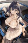  1girl absurdres bag black_hair blue_eyes breasts car cardigan cleavage dress earrings handbag highres hololive hololive_english huge_breasts jewelry looking_at_viewer motor_vehicle necklace ouro_kronii santafe99 sitting solo steering_wheel white_dress 