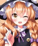  1girl ;d black_headwear blonde_hair braid commentary_request highres index_finger_raised kirisame_marisa long_hair looking_at_viewer one_eye_closed open_mouth orange_background ruu_(tksymkw) side_braid simple_background single_braid smile solo touhou upper_body yellow_eyes 