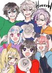  3boys 4girls :d ^_^ ahoge animal_ears animal_hood axia_krone black_hair blonde_hair blue_eyes blue_hair blue_shirt closed_eyes fake_animal_ears fang fuwa_minato green_shirt grey_hair grin hair_between_eyes hair_ornament hairclip heterochromia holding holding_megaphone hood hood_up hoshikawa_sara kuzuha_(nijisanji) lize_helesta long_hair long_sleeves maru_(memoriatechnica) megaphone multicolored_hair multiple_boys multiple_girls nijisanji orange_eyes orange_shirt panda_ears panda_hood pink_hair puffy_long_sleeves puffy_sleeves purple_eyes purple_shirt red_eyes red_hair red_shirt sasaki_saku shirt side_ponytail simple_background smile streaked_hair tsukino_mito v-shaped_eyebrows very_long_hair w white_background yellow_shirt 