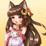  1girl animal animal_ear_fluff animal_ears azur_lane bare_shoulders bird_hair_ornament blush brown_hair chinese_commentary collarbone commentary_request detached_sleeves dress fang fox fox_ears fox_girl gradient_background hair_ornament highres holding holding_animal jewelry long_hair nagato_(azur_lane) necklace open_mouth partial_commentary solo strapless strapless_dress upper_body white_dress white_sleeves xiaomeizhao yellow_background yellow_eyes 