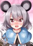  1girl animal_ears basket blue_capelet blush capelet commentary_request gradient_background grey_hair highres jewelry looking_at_viewer mouse mouse_ears mouse_girl mouse_tail nazrin open_mouth pendant pink_background red_eyes ruu_(tksymkw) short_hair tail touhou upper_body 