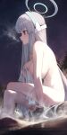  1girl absurdres blue_archive blurry blurry_foreground blush breasts breath cleavage completely_nude feet_out_of_frame gnns grey_hair halo highres holding holding_towel large_breasts long_hair mechanical_halo navel night noa_(blue_archive) nude onsen outdoors parted_lips purple_eyes sitting solo steam towel water white_towel 