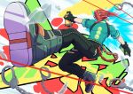  1boy black_gloves black_pants blue_fire bomb_rush_cyberfunk bottle chain cuffs cyberhead cyborg fire glass gloves green_shirt handcuffs inumaru75707951 jetpack laser male_focus mask pants print_shirt red_(bomb_rush_cyberfunk) shirt short_sleeves spray_bottle spray_can spray_paint 