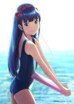  1girl ass black_hair blue_eyes blue_one-piece_swimsuit commentary_request cowboy_shot flat_chest hairband hiyori_mizuki holding_kickboard kickboard long_hair looking_at_viewer one-piece_swimsuit original red_hairband school_swimsuit smile solo swimsuit water 