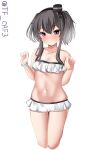  1girl alternate_costume bikini black_hair blush brown_eyes commentary_request cowboy_shot frills gradient_hair grey_hair hairband hat highres kantai_collection looking_at_viewer multicolored_hair one-hour_drawing_challenge short_hair short_hair_with_long_locks smile solo swimsuit tf_cafe tokitsukaze_(kancolle) twitter_username white_background white_bikini 