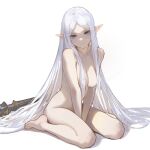  1girl absurdly_long_hair arms_between_legs breasts closed_mouth completely_nude elf feet frieren full_body green_eyes hair_censor hair_over_breasts long_hair looking_at_viewer medium_breasts nude parted_bangs pointy_ears shoarts simple_background sitting solo sousou_no_frieren straight_hair thighs timruya v_arms very_long_hair wariza white_background 