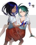  2girls aged_down ahoge black_hair blue_eyes breast_pocket breasts bright_pupils closed_mouth collared_shirt commentary_request dark-skinned_female dark_skin earrings fingerless_gloves geeta_(pokemon) glimmet gloves green_hair highres jewelry loose_necktie molingxiang_chimangguo multiple_girls necktie orange_necktie orange_shorts paldean_wooper pocket pokemon pokemon_(creature) pokemon_sv red_eyes rika_(pokemon) school_uniform shirt short_sleeves shorts sweat white_pupils white_shirt 