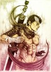  berserk black_hair closed_eyes dragonslayer_(sword) guts himura_(him-la) male_focus mechanical_arm muscle naked_scarf nude scarf solo sword weapon 