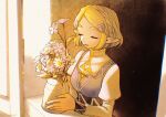  1girl blonde_hair closed_eyes flower hair_ornament hairpin highres holding_vase juliet_sleeves light_particles long_sleeves mouyi parted_lips pointy_ears princess_zelda puffy_sleeves short_hair sidelighting smile solo sunlight the_legend_of_zelda the_legend_of_zelda:_tears_of_the_kingdom upper_body white_flower windowsill yellow_theme 