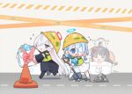  3girls @_@ animal_ears aqua_hair arona_(blue_archive) black_hair blue_archive blue_eyes blush bow box braid chibi fake_animal_ears flying_sweatdrops hair_over_one_eye halo helmet high-visibility_vest holding holding_shovel in_box in_container long_hair long_sleeves miyu_(blue_archive) miyu_(swimsuit)_(blue_archive) multiple_girls open_mouth pink_bow pink_hair plana_(blue_archive) pyroxene_(blue_archive) short_hair shovel side_braids skirt tautiki white_skirt 