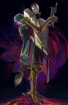  2boys closed_mouth green_hair gun hair_over_one_eye highres holding holding_brush holding_gun holding_weapon hwei_(league_of_legends) imone_illust jhin league_of_legends long_hair long_sleeves looking_at_viewer male_focus mask mechanical_arms multiple_boys ponytail purple_eyes red_eyes single_mechanical_arm standing weapon 