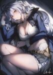  1girl belt blush breasts brown_belt brown_eyes cleavage closed_mouth feet_out_of_frame genyaky granblue_fantasy grey_hair highres large_breasts long_hair long_sleeves looking_at_viewer lying navel on_side signature silva_(granblue_fantasy) skirt smile solo thighs 