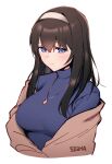  1girl artist_name black_hair blue_eyes blue_sweater blush breasts brown_shawl cropped_torso hairband highres idolmaster idolmaster_cinderella_girls large_breasts light_smile sagisawa_fumika shawl sigma_2018 simple_background solo sweater upper_body white_background white_hairband 