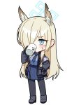  1girl alfie_(artist) animal_ear_fluff animal_ears armband black_footwear black_gloves black_jacket black_pantyhose blonde_hair blue_archive blue_necktie blue_shirt blue_skirt blush boots breasts chibi collared_shirt cup drinking extra_ears full_body gloves hair_ornament halo hand_in_pocket holding holding_cup jacket kanna_(blue_archive) long_hair necktie notched_ear open_clothes open_jacket pantyhose pencil_skirt shirt sidelocks simple_background skirt small_breasts solo standing sweatdrop white_background 