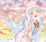  1girl alternate_hair_color blue_hair blush brown_mittens christmas_ornaments closed_eyes cloud cloudy_sky commentary_request hand_up happy hat index_(toaru_majutsu_no_index) light_blue_hair long_hair long_sleeves miniskirt mittens open_mouth orange_sky outdoors outstretched_arm pink_headwear pleated_skirt reaching reaching_towards_viewer shin_(highest1192) sidelocks single_mitten skirt sky snow snowflake_print solo teeth toaru_majutsu_no_index tongue upper_body upper_teeth_only very_long_hair winter winter_clothes 