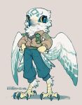 1boy artist_name barefoot beak bird_boy bird_tail bird_wings black_eyes blue_pants brown_background brown_jacket brown_scarf chibi claws colored_sclera feathered_wings full_body furry furry_male hands_on_own_hips jacket long_sleeves looking_to_the_side male_focus original pants scarf shuini_xiaomao signature simple_background solo standing tail talons wings yellow_sclera 
