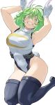  1girl absurdres animal_ears arms_up black_thighhighs boku_no_hero_academia breasts commentary_request cosplay covered_navel crescent_print fengling_(furin-jp) gloves green_eyes grin hagakure_tooru hair_between_eyes highleg highleg_leotard highres kneeling large_breasts leotard looking_at_viewer medium_hair messy_hair mirko mirko_(cosplay) print_leotard rabbit_ears rabbit_pose rabbit_tail short_hair sleeveless_turtleneck_leotard smile solo tail taut_leotard thick_eyelashes thighhighs turtleneck_leotard white_background white_gloves white_leotard yellow_pupils 