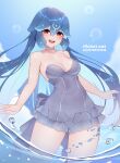  1girl bao_(vtuber) bare_shoulders blue_hair blue_sky blush breasts collarbone day highres indie_virtual_youtuber long_hair medium_breasts open_mouth outdoors r0cketcat red_eyes sky smile solo teeth tongue upper_teeth_only virtual_youtuber water water_drop 