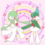  1boy 1girl blue_hair bob_cut closed_eyes colored_skin commentary_request flat_chest flat_color full_body gallade gardevoir green_hair green_skin hair_over_one_eye hand_up happy heart highres looking_up mohawk monya multicolored_hair multicolored_skin music musical_note one_eye_covered open_mouth outstretched_arms partial_commentary pink_background pokemon pokemon_(creature) red_eyes short_hair singing smile spread_arms standing two-tone_hair two-tone_skin u_u white_skin 