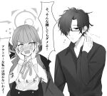  absurdres aru_(blue_archive) blue_archive blush demon_horns glasses greyscale highres horns inotukuhito monochrome mutsu_6256 neck_ribbon problem_solver_sensei_(blue_archive) ribbon sensei_(blue_archive) 