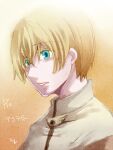  1boy acolyte_(ragnarok_online) blonde_hair blue_eyes brown_background cassock commentary_request copyright_name errende_ebecee flowery_peko gradient_background hair_between_eyes long_bangs looking_afar male_focus parted_lips ragnarok_online short_hair solo upper_body 