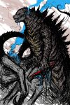  blood blood_from_mouth blue_blood bug dragon english_text giant giant_monster godzilla godzilla_(2014) godzilla_(series) highres holding_head kaijuu m.u.t.o. monster monsterverse multiple_legs no_humans open_mouth red_eyes scales severed_head sketch smoke spaghettibastard spikes spines tail yellow_eyes 
