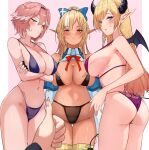  3girls absurdres ass bikini black_bikini black_horns blonde_hair blue_bikini blue_eyes blush bow bowtie breasts cleavage crossed_arms dark-skinned_female dark_elf dark_skin demon_girl demon_horns demon_wings elf hair_bow highleg highleg_swimsuit highres hololive horns large_breasts long_hair looking_at_viewer multicolored_hair multiple_girls navel pointy_ears purple_bikini red_bow red_bowtie red_eyes shiny_skin shiranui_flare sidelocks single_sidelock skindentation streaked_hair sweatdrop swimsuit tail takane_lui thighs thumbs_up tomo0843 underwear virtual_youtuber wings yuzuki_choco 