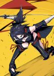  1girl bandages black_eyes black_hair black_mask breasts cleavage highres holding holding_sword holding_weapon izuzu_maiba katana large_breasts long_hair looking_at_viewer mask mouth_mask ninja ninja_mask original ponytail red_scarf reverse_grip scarf shimure_(460) solo sword weapon yellow_background 