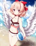  1girl arm_behind_head balloon beach bikini blonde_hair blurry blurry_background bow breasts cleavage gengetsu_(touhou) hair_bow highres light_particles looking_at_viewer medium_breasts navel ocean outdoors red_bow red_eyes ruu_(tksymkw) short_hair solo swimsuit touhou touhou_(pc-98) white_bikini white_wings wings 