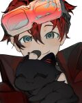  1boy black_cat black_hair cat facing_viewer fang goggles goggles_on_head green_eyes hair_between_eyes high_collar highres holostars holostars_english jacket knx light_blush looking_at_viewer machina_x_flayon machiroon_(machina_x_flayon) male_focus multicolored_hair portrait red_hair red_jacket short_hair smile solo two-tone_hair virtual_youtuber white_background 