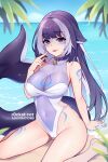  1girl arm_support beach bell black_hair breasts closed_mouth collar day grey_hair highres indie_virtual_youtuber large_breasts long_hair looking_at_viewer multicolored_hair neck_bell one-piece_swimsuit outdoors purple_eyes r0cketcat shylily smile solo swimsuit tail tongue tongue_out virtual_youtuber white_hair white_swimsuit 