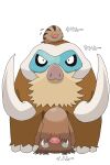  2ante1_t0wa absurdres black_eyes boar brown_fur character_name closed_eyes covered_eyes evolutionary_line highres mammoth mamoswine no_humans piloswine pokemon pokemon_(creature) sweatdrop swinub translation_request tusks white_background 