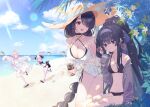  4girls beach bikini bikini_under_clothes black_bikini black_choker black_hair black_wings blue_archive bow braid braided_ponytail breasts cardigan choker cleavage cloud cup day drinking_straw feathered_wings hair_over_shoulder hairband halo hanako_(blue_archive) hanako_(swimsuit)_(blue_archive) hat hinata_(blue_archive) hinata_(swimsuit)_(blue_archive) holding holding_cup jewelry koharu_(blue_archive) koharu_(swimsuit)_(blue_archive) large_breasts long_hair multiple_girls necklace one-piece_swimsuit open_cardigan open_clothes open_mouth outdoors pink_hair pointing ponytail red_eyes running sandals shirt signature single_braid sky sleeves_past_fingers sleeves_past_wrists small_breasts sparkle sweat swimsuit tautiki ui_(blue_archive) ui_(swimsuit)_(blue_archive) very_long_hair white_bow white_one-piece_swimsuit white_shirt wings 