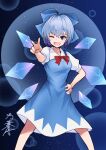  1girl absurdres blue_background blue_bow blue_dress blue_eyes blue_hair bow cirno collared_shirt commentary_request dress hair_bow hand_on_own_hip highres ice ice_wings light_particles looking_at_viewer neck_ribbon one_eye_closed open_mouth red_ribbon ribbon shirt short_hair short_sleeves signature smile solo standing touhou v white_shirt wings yagoro_kusuriya 